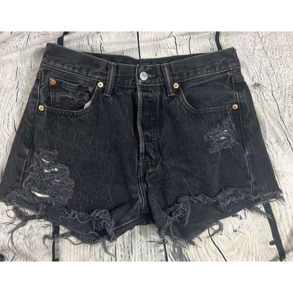 Levi's 501 Distressed Button Fly Faded Black Denim Cutoff Shorts Women's 30"